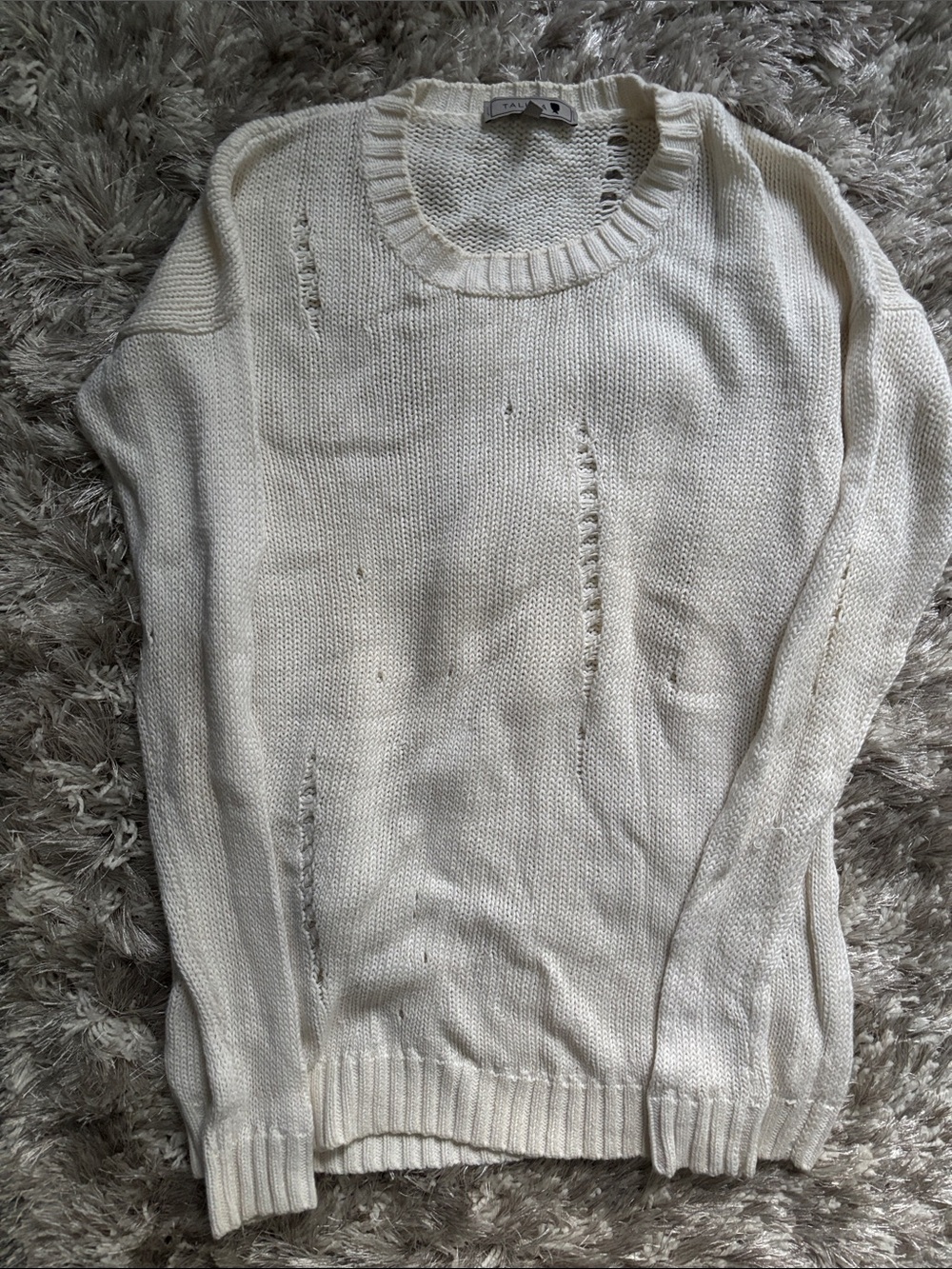 Talula Cream Distressed Crewneck Sweater